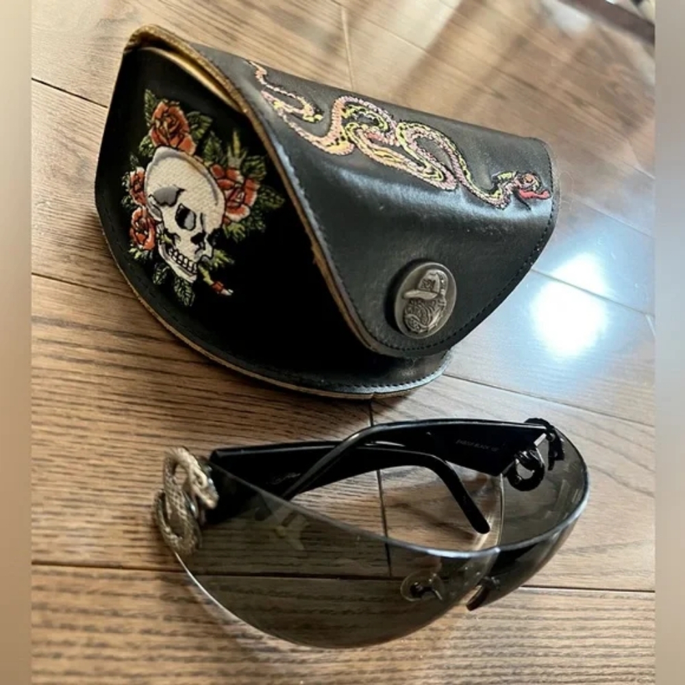 RARE ED HARDY ORIGINAL RIMLESS SUNGLASSES VINTAGE EHS 005 WITH CASE